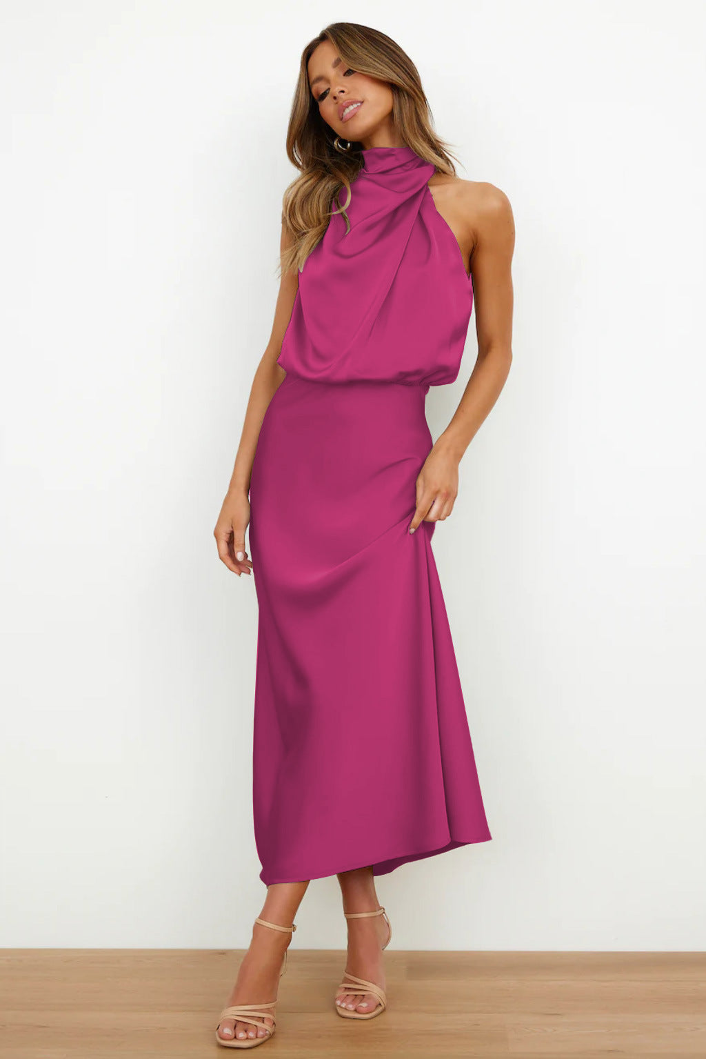 Allegra Dress | Women's Halter Neck Satin Long Dress