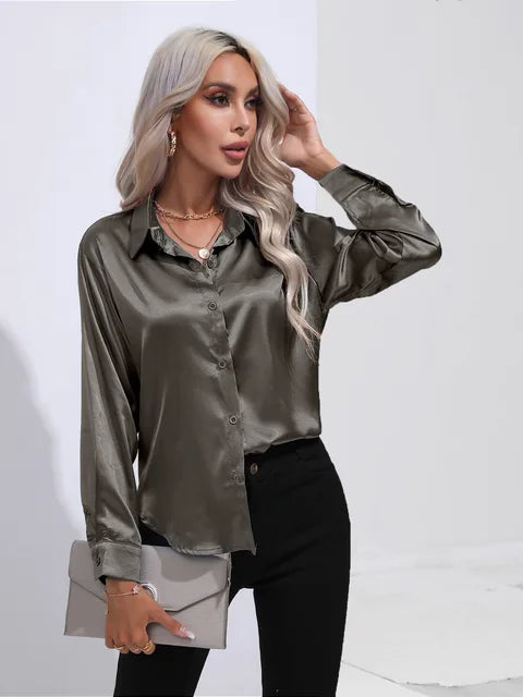 Connie Shirt | Long-Sleeve Satin Button-Up Shirt