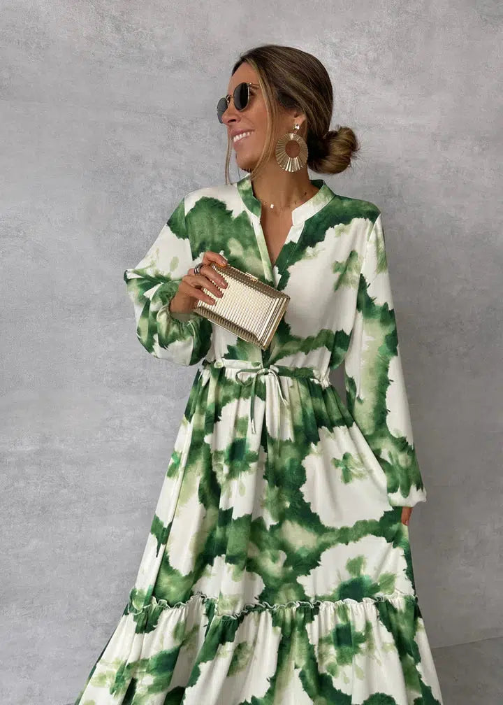 Eirlys Dress | V-Neck Green Tie-Dye Maxi Dress