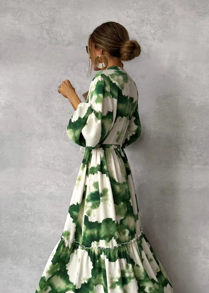 Eirlys Dress | V-Neck Green Tie-Dye Maxi Dress