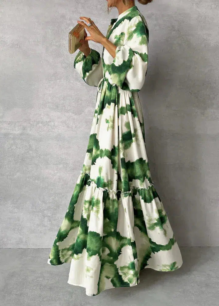 Eirlys Dress | V-Neck Green Tie-Dye Maxi Dress