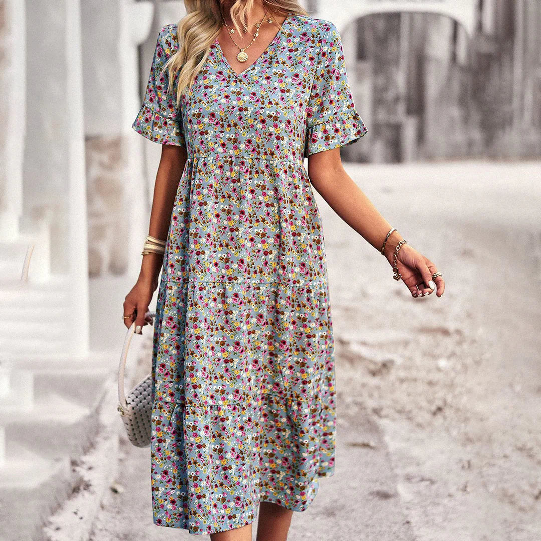 Flora Dress | Floral Print Shaped Waist Midi Dress