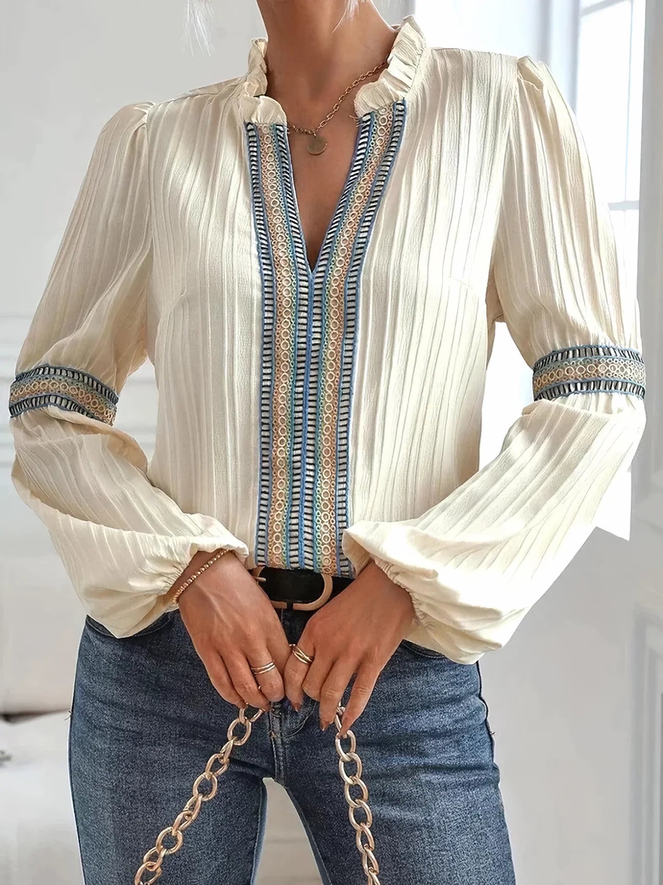Haidee Blouse | Long Sleeve Notched V-Neck Embroidered Blouse