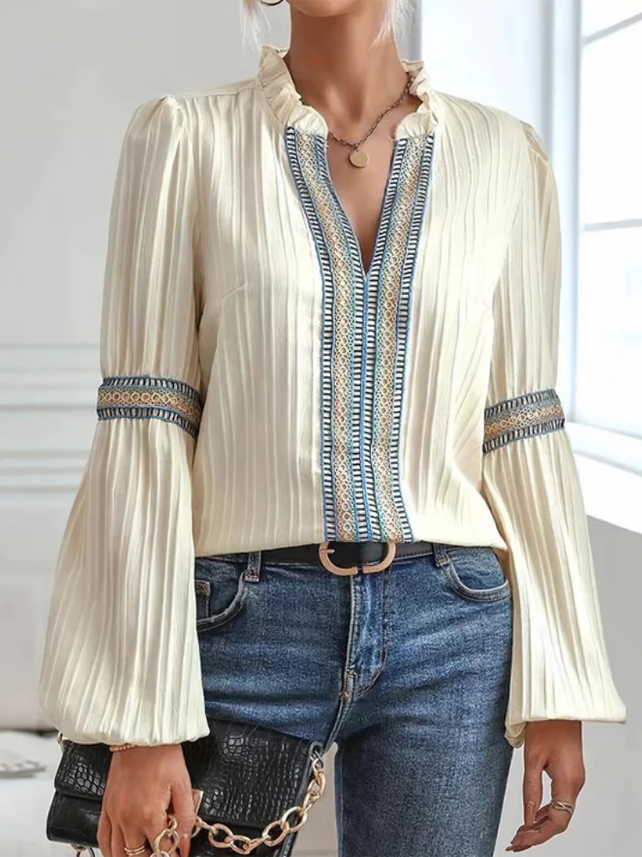 Haidee Blouse | Long Sleeve Notched V-Neck Embroidered Blouse