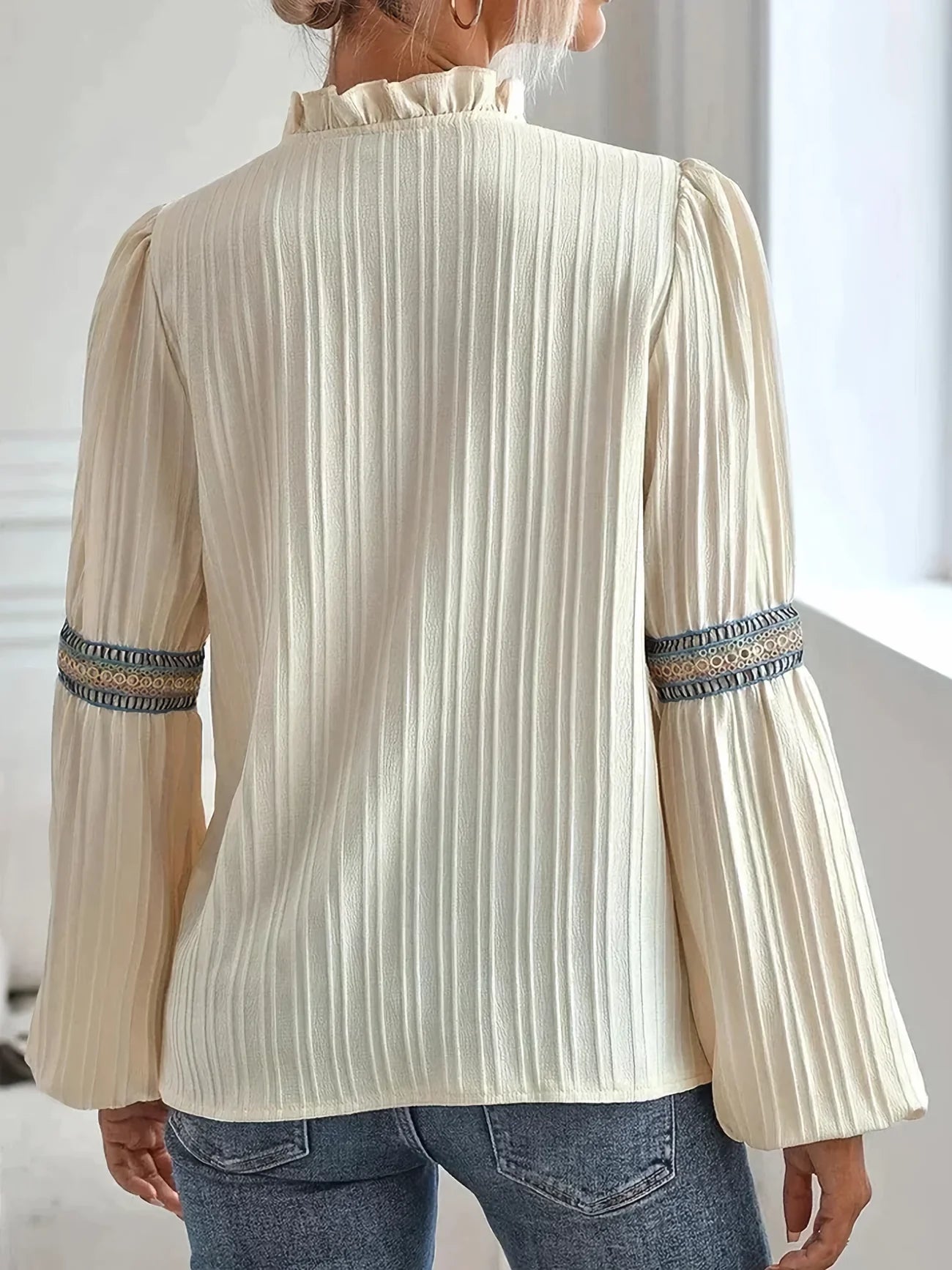 Haidee Blouse | Long Sleeve Notched V-Neck Embroidered Blouse