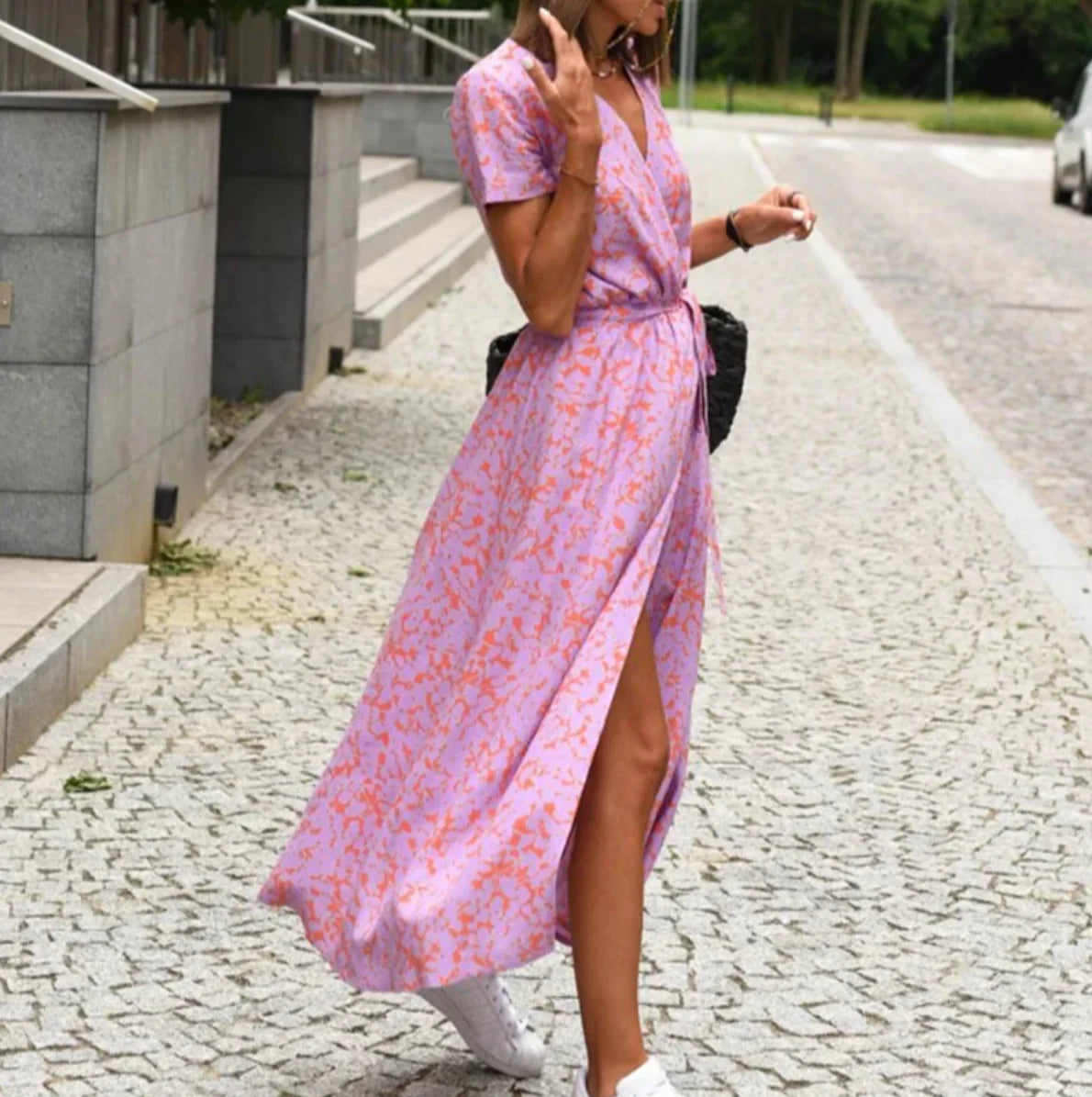 Imara Dress | Bold Floral Print Wrap Dress with Waist Tie
