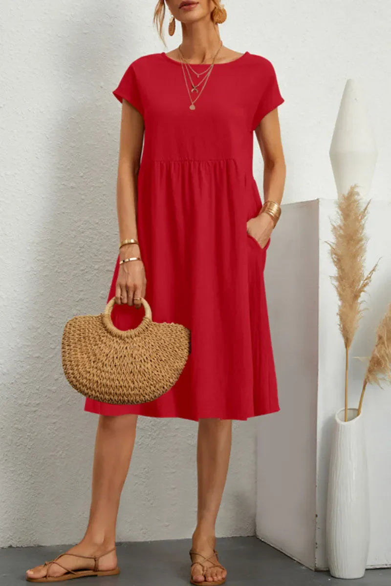 Isabelina Dress | Casual Short Sleeve Dress with Round Neck and Pockets