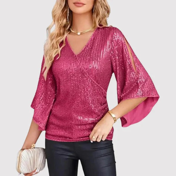 Ivanka Blouse | Sparkling Sequin V-Neck Top with Bell Sleeves