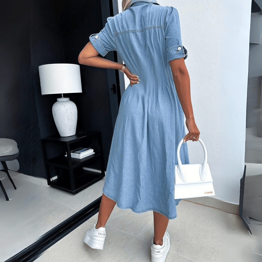 Lumi Dress | Denim Midi Dress with Belted Waist