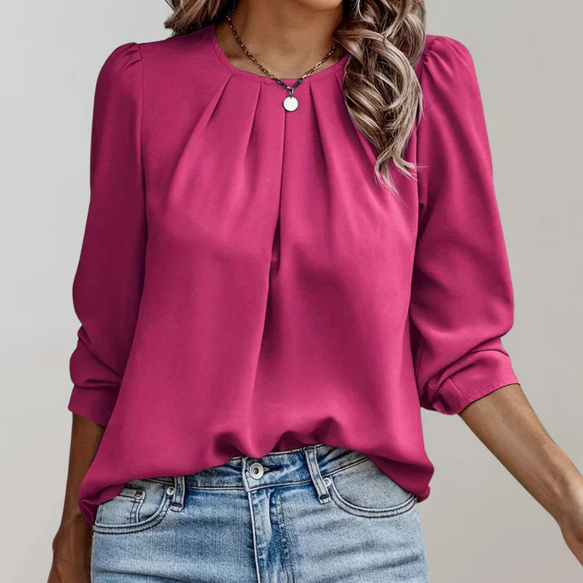 Crystal Blouse | Long-Sleeve Pleated Round Neck Blouse