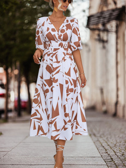 April Dress | Women's V-Neck Geometric Print Midi Dress