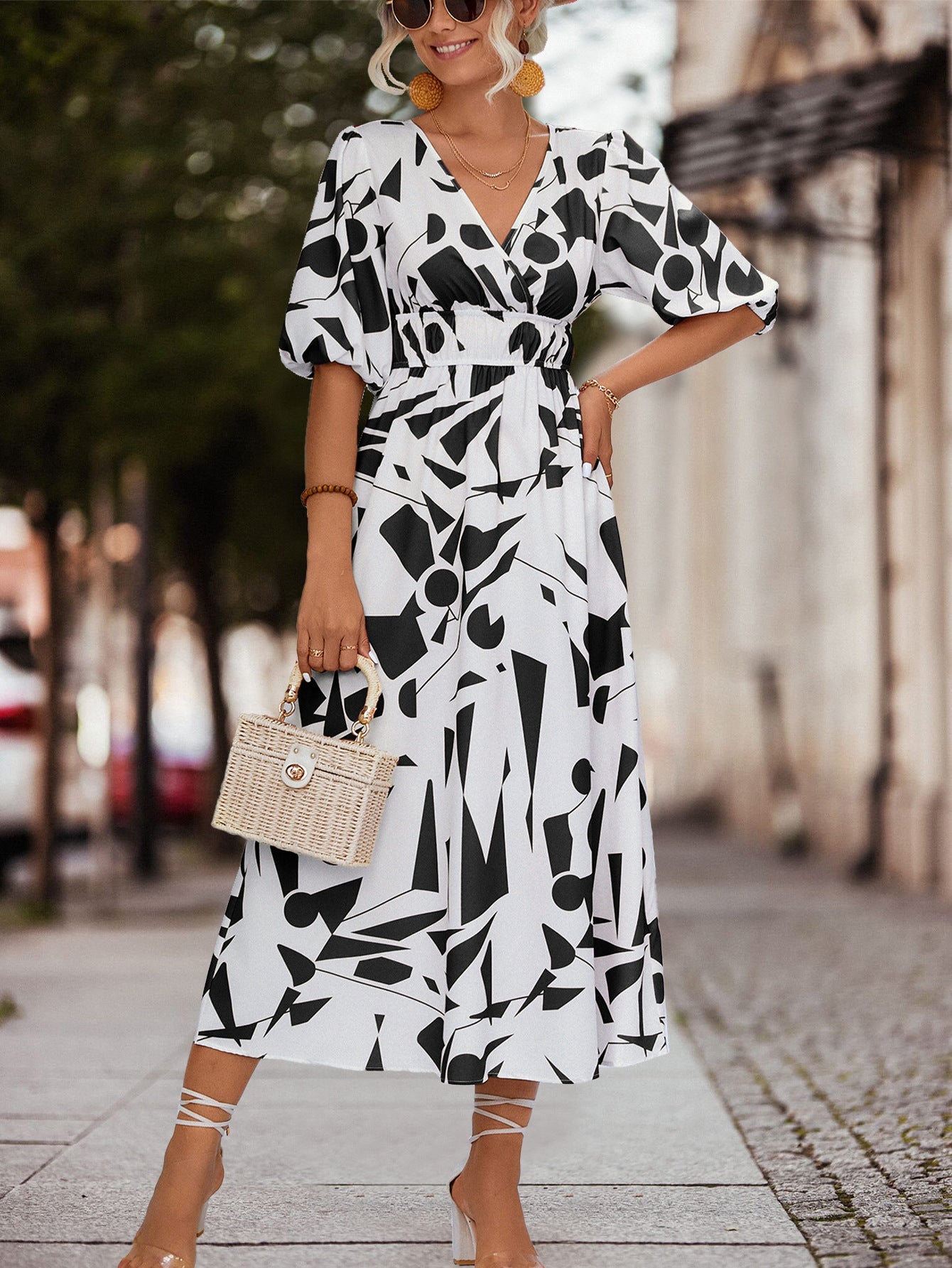 April Dress | Women's V-Neck Geometric Print Midi Dress