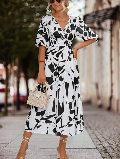 April Dress | Women's V-Neck Geometric Print Midi Dress