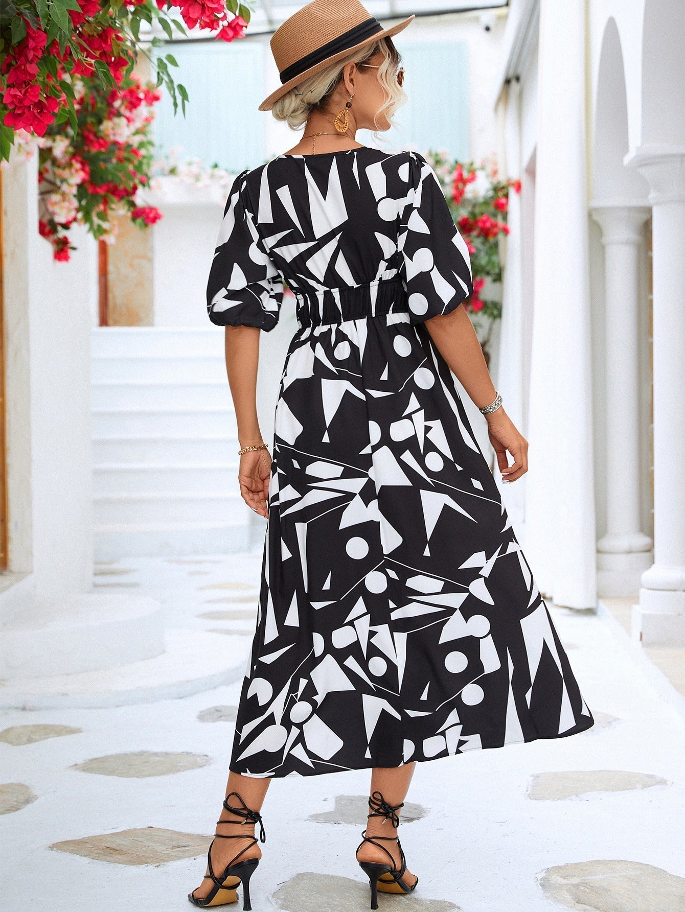 April Dress | Women's V-Neck Geometric Print Midi Dress