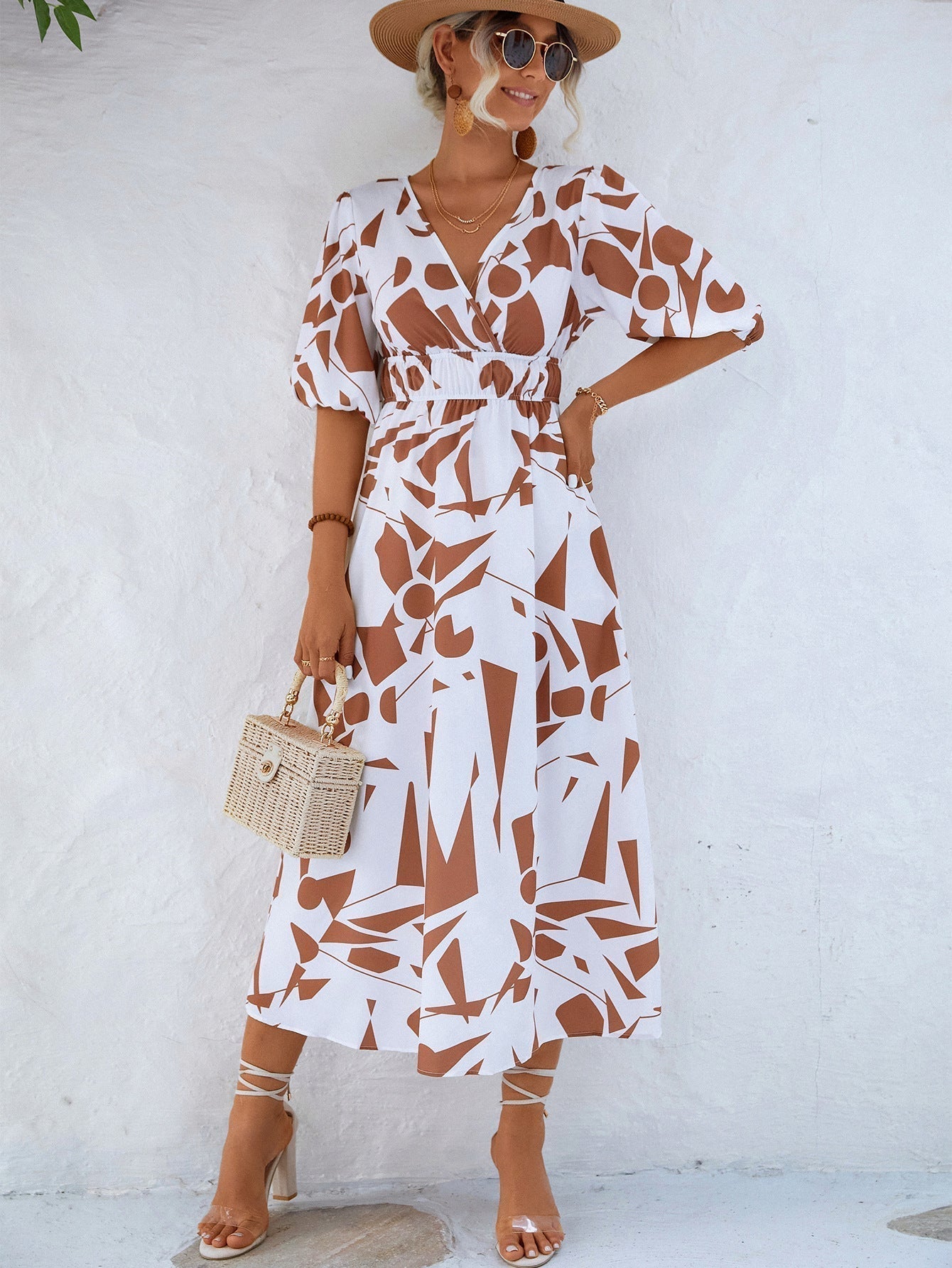 April Dress | Women's V-Neck Geometric Print Midi Dress