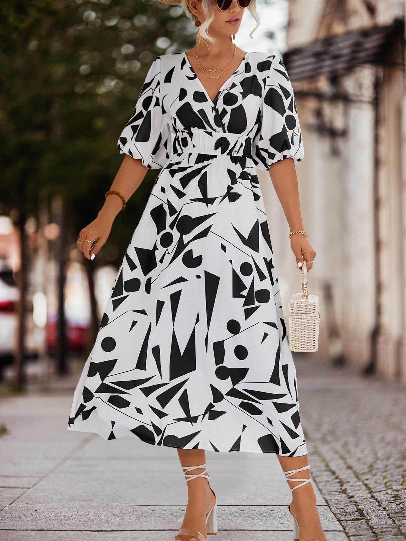 April Dress | Women's V-Neck Geometric Print Midi Dress