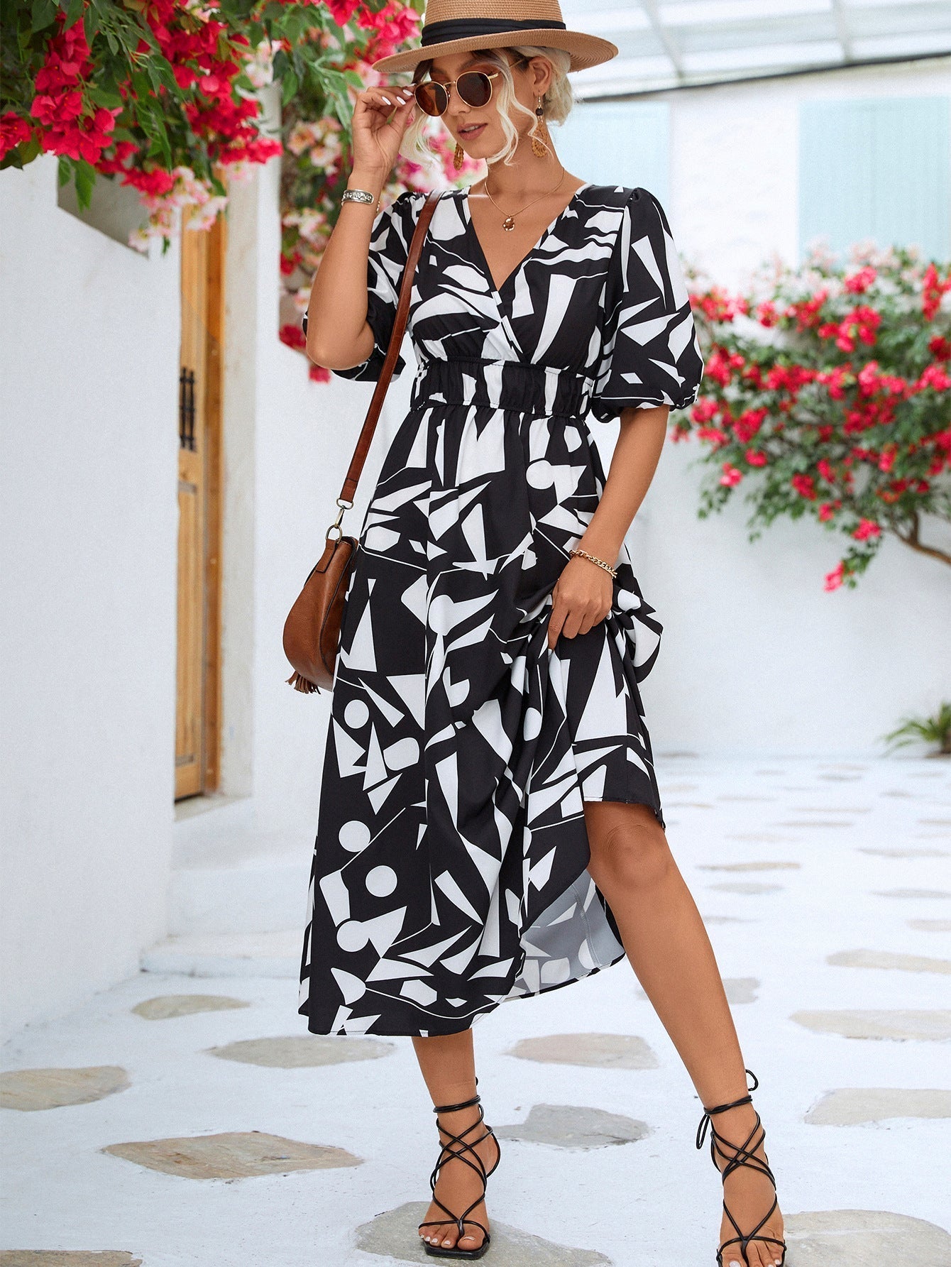 April Dress | Women's V-Neck Geometric Print Midi Dress