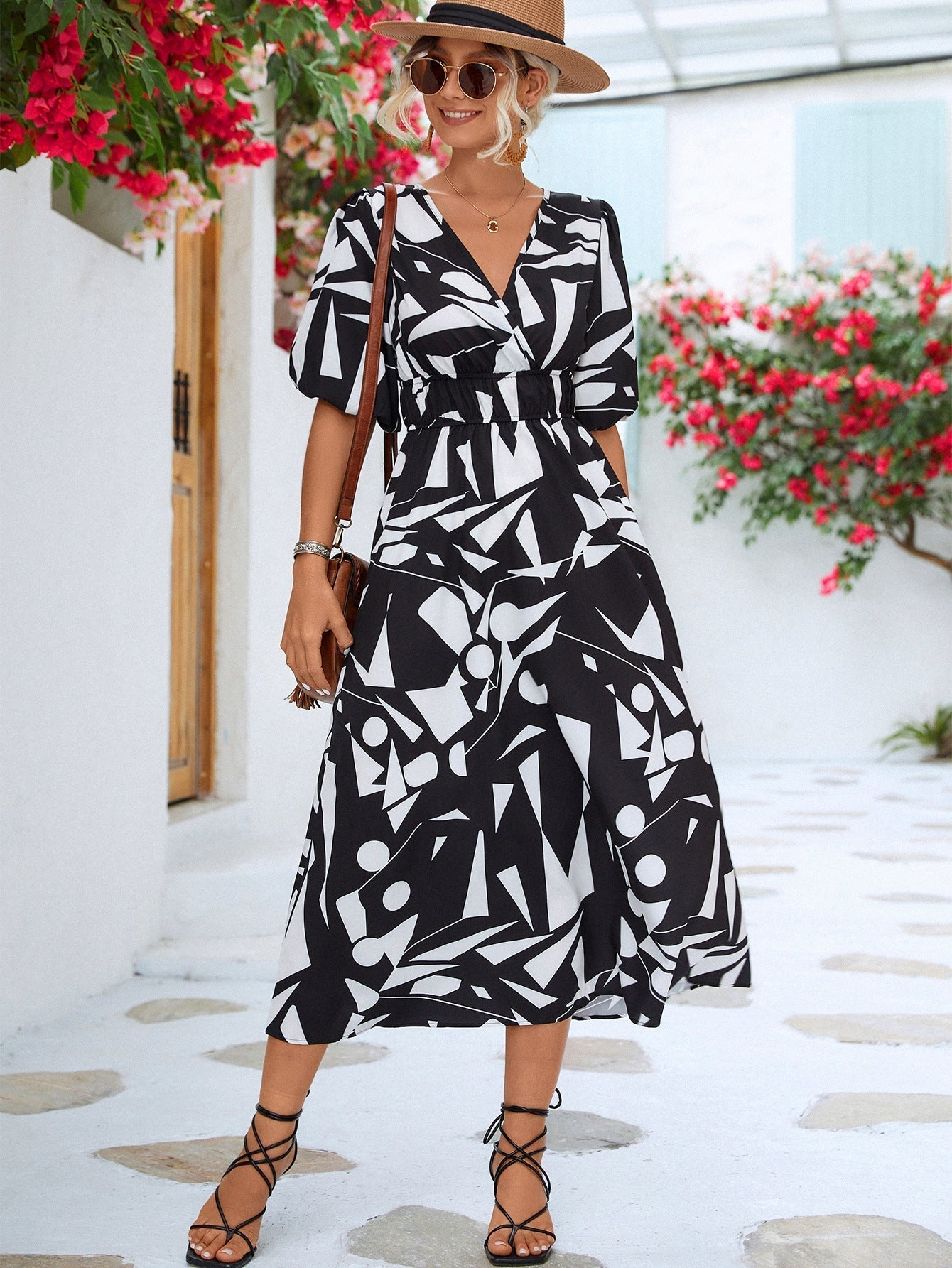 April Dress | Women's V-Neck Geometric Print Midi Dress