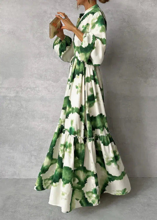 Eirlys Dress | V-Neck Green Tie-Dye Maxi Dress