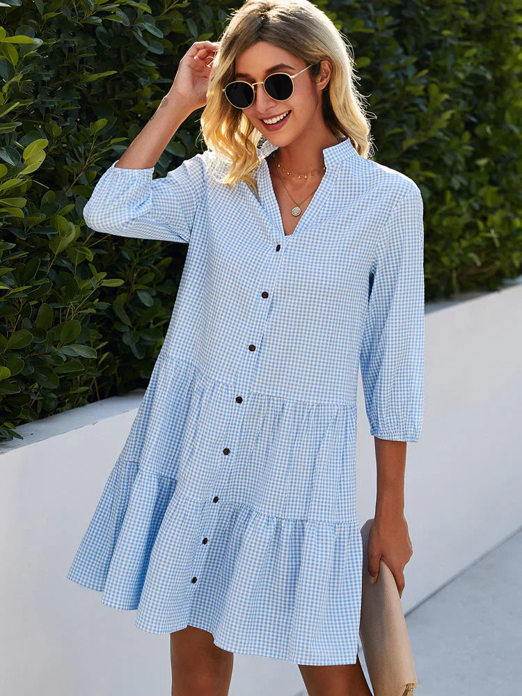 Elayna Dress | Long Sleeve Button-Up Gingham Mini Dress