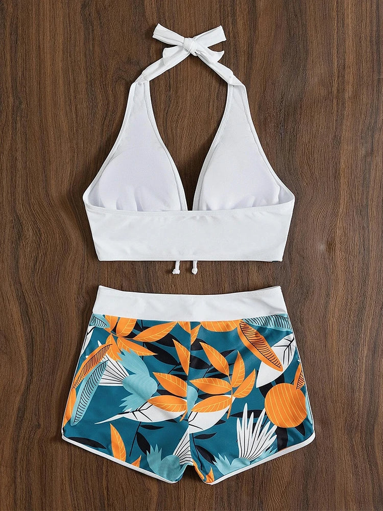 Faiza Bikini | Tropical Print Halter Top with Swim Shorts