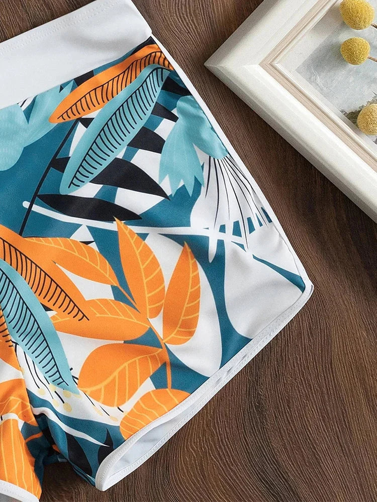 Faiza Bikini | Tropical Print Halter Top with Swim Shorts