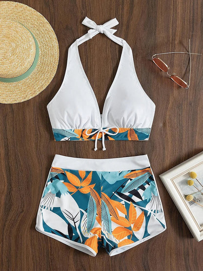 Faiza Bikini | Tropical Print Halter Top with Swim Shorts