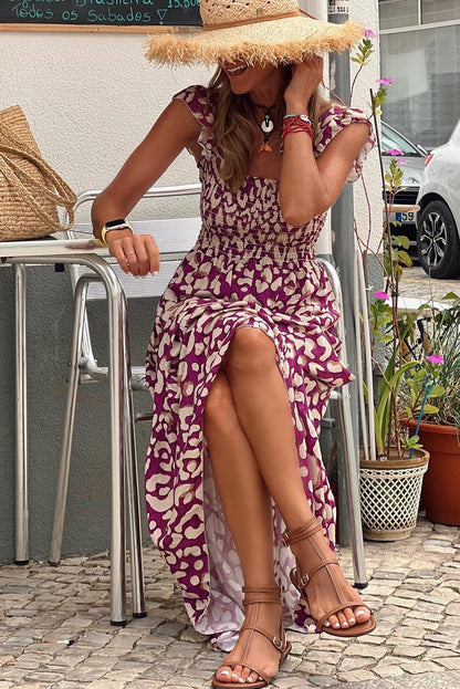 Fidelia Dress | Women's Smocked Bodice Leopard Print Maxi Dress