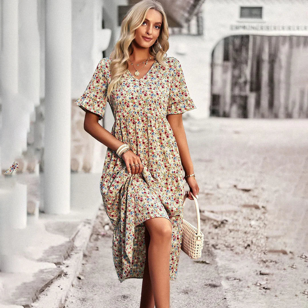 Flora Dress | Floral Print Shaped Waist Midi Dress