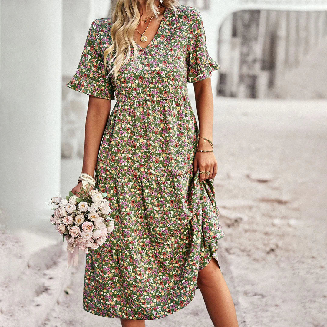 Flora Dress | Floral Print Shaped Waist Midi Dress