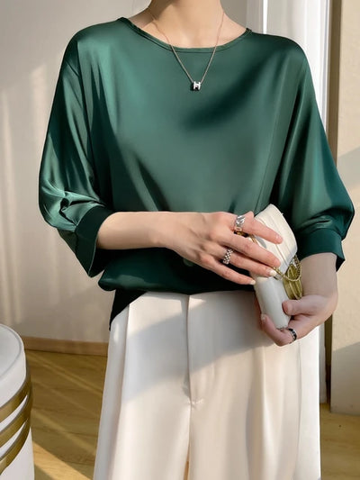 Harleen Blouse | Women's Satin O-Neck Midi Sleeve Blouse