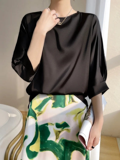 Harleen Blouse | Women's Satin O-Neck Midi Sleeve Blouse