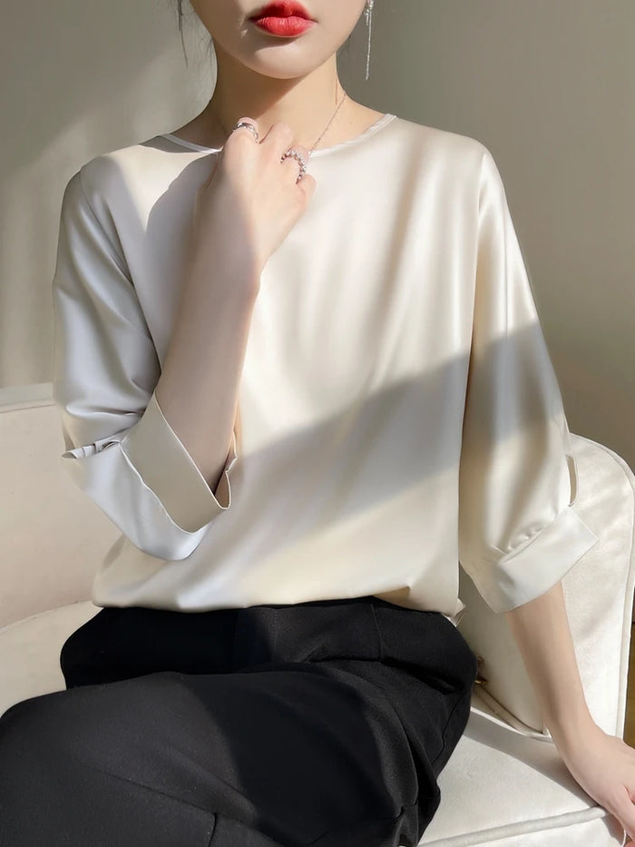 Harleen Blouse | Women's Satin O-Neck Midi Sleeve Blouse