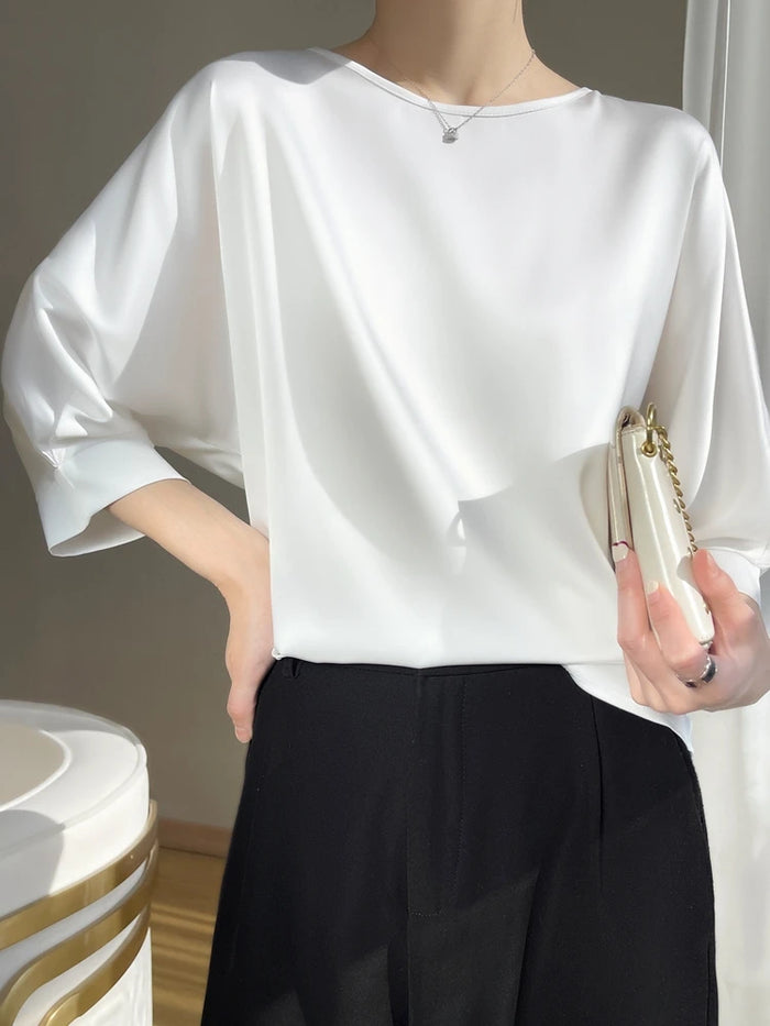 Harleen Blouse | Women's Satin O-Neck Midi Sleeve Blouse