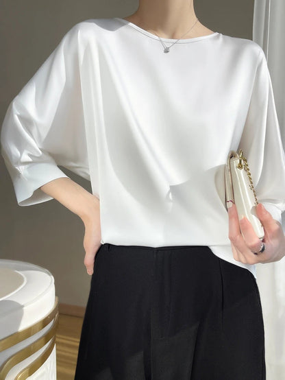 Harleen Blouse | Women's Satin O-Neck Midi Sleeve Blouse