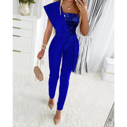Hyacinth Jumpsuit | Sequin Patchwork One Shoulder Party Jumpsuit