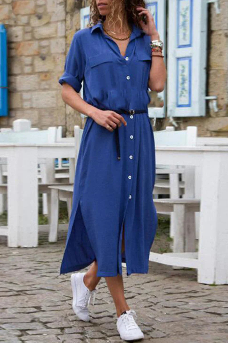 Ieva Dress | Casual Button-Up Shirt Dress with Collar and Belted Waist