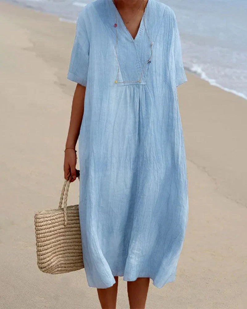 Iliya Dress | Summer Plain Color V-Neck Midi Dress