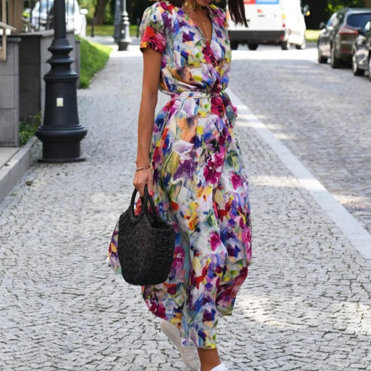 Imara Dress | Bold Floral Print Wrap Dress with Waist Tie