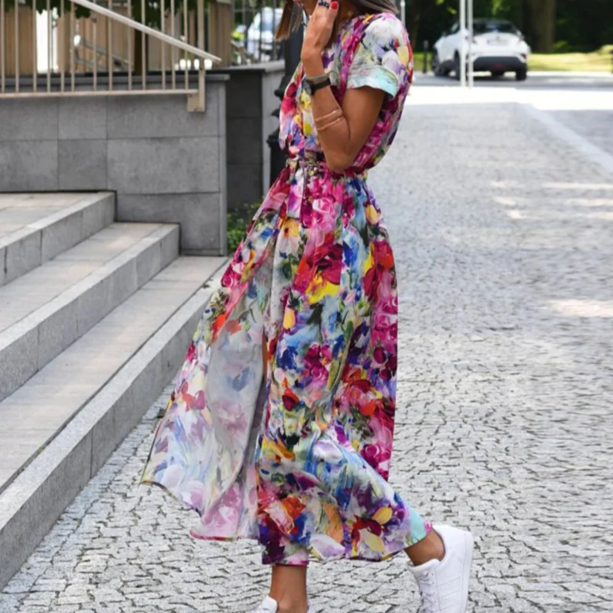 Imara Dress | Bold Floral Print Wrap Dress with Waist Tie
