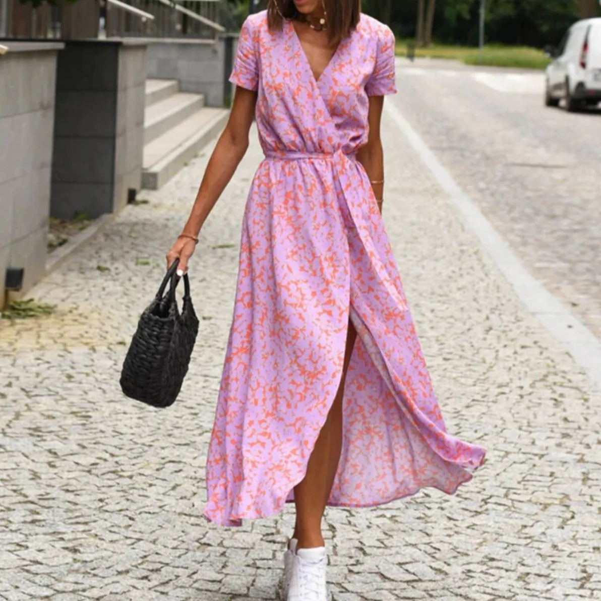 Imara Dress | Bold Floral Print Wrap Dress with Waist Tie