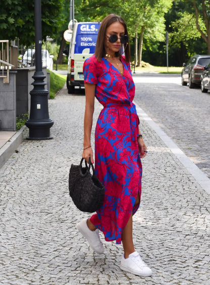 Imara Dress | Bold Floral Print Wrap Dress with Waist Tie