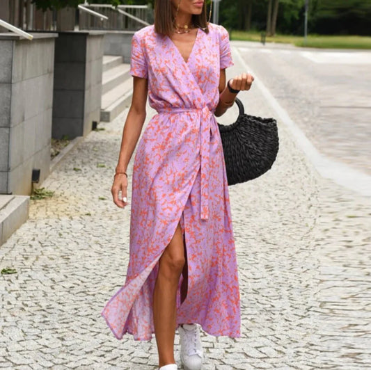 Imara Dress | Bold Floral Print Wrap Dress with Waist Tie