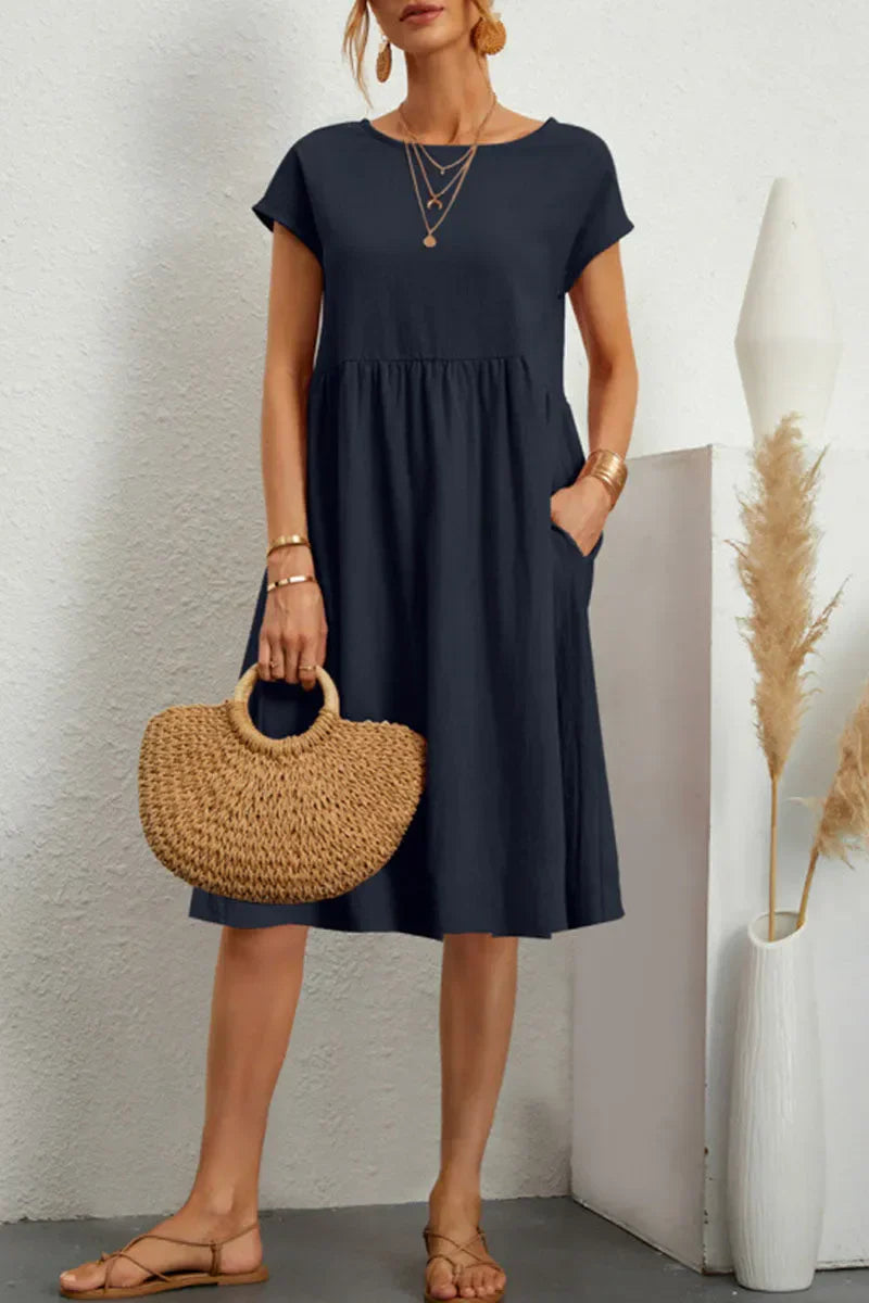 Isabelina Dress | Casual Short Sleeve Dress with Round Neck and Pockets