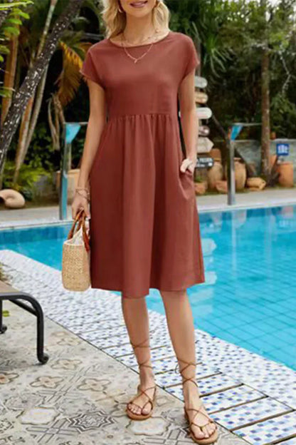 Isabelina Dress | Casual Short Sleeve Dress with Round Neck and Pockets