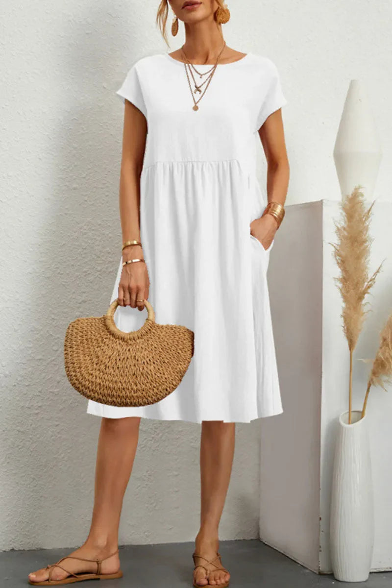 Isabelina Dress | Casual Short Sleeve Dress with Round Neck and Pockets