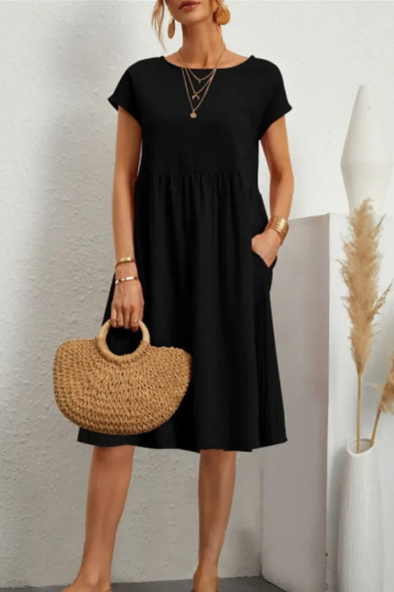 Isabelina Dress | Casual Short Sleeve Dress with Round Neck and Pockets