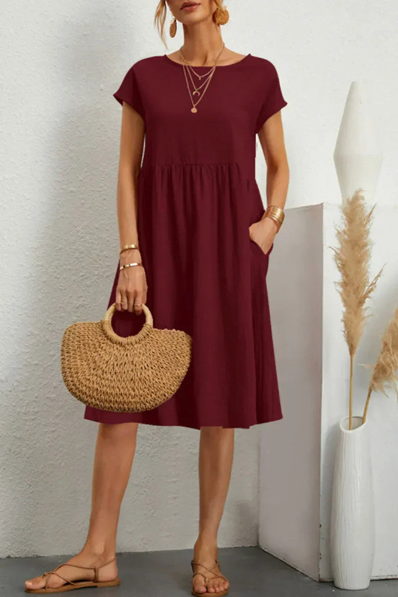 Isabelina Dress | Casual Short Sleeve Dress with Round Neck and Pockets