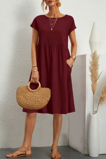 Isabelina Dress | Casual Short Sleeve Dress with Round Neck and Pockets