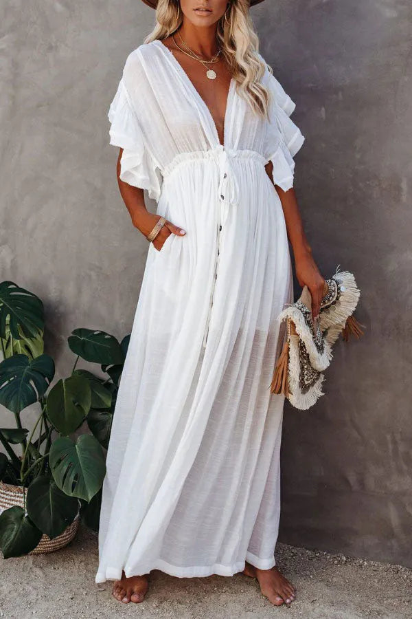 Isleen Dress | Airy V-Neck Maxi Dress with Ruffled Sleeves and Buttons